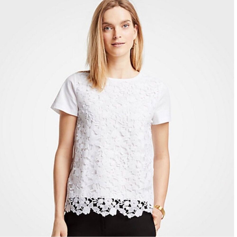 NWOT Ann Taylor Women's Size SMALL Floral Lace Layer Tee Color White 100% Cotton